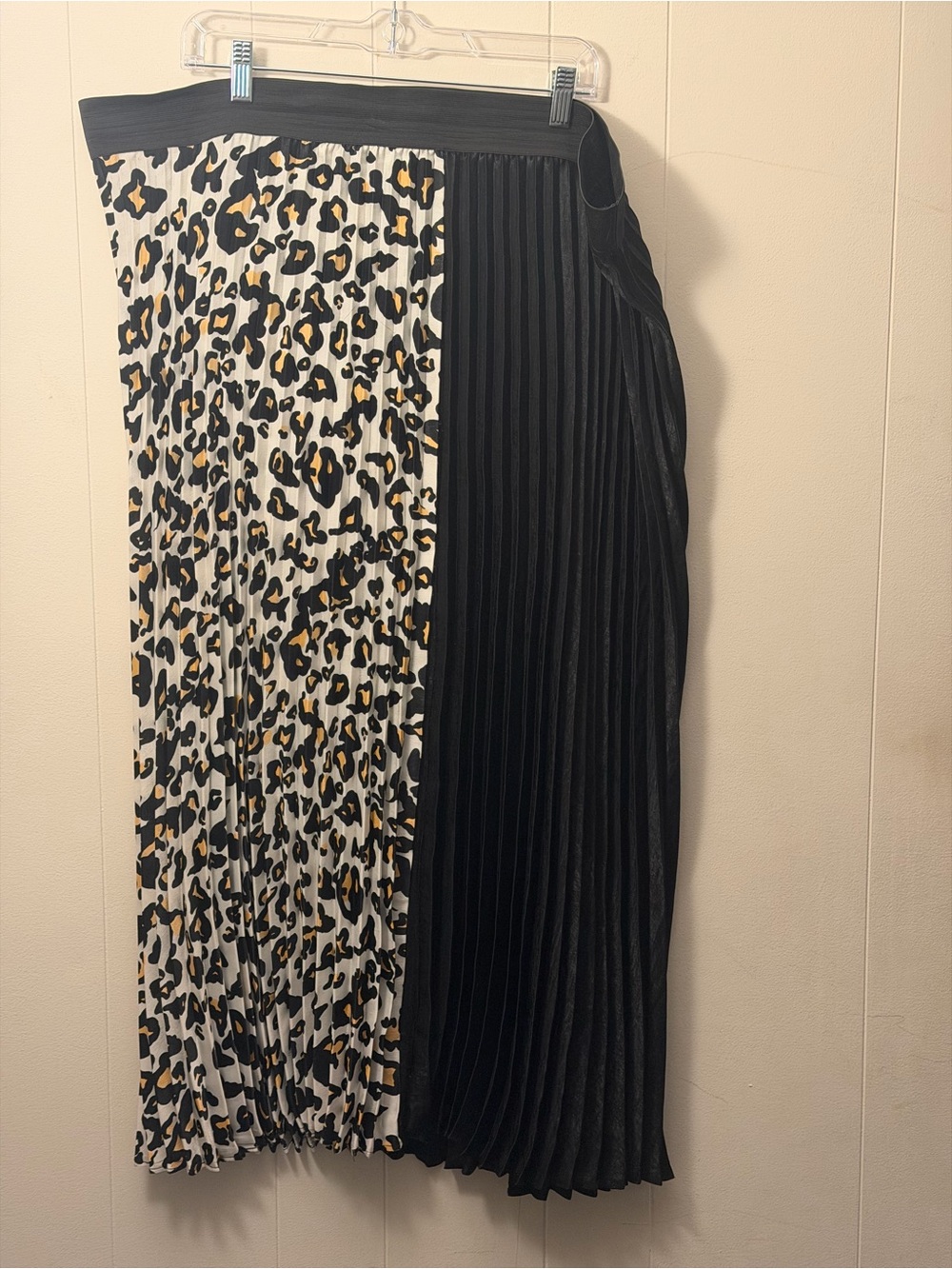 Pleated Black and Leopard Print Midi Skirt